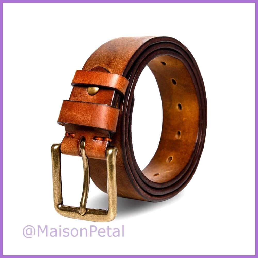 Full Grain Leather Mens Work Belt Heavy Duty 5MM Thick Buckle